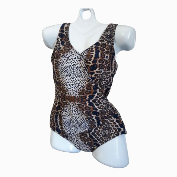 Faux Wrap Front Women's Blue and Brown Leopard Print Swimsuit Size 14 Like New - Picture 3 of 12